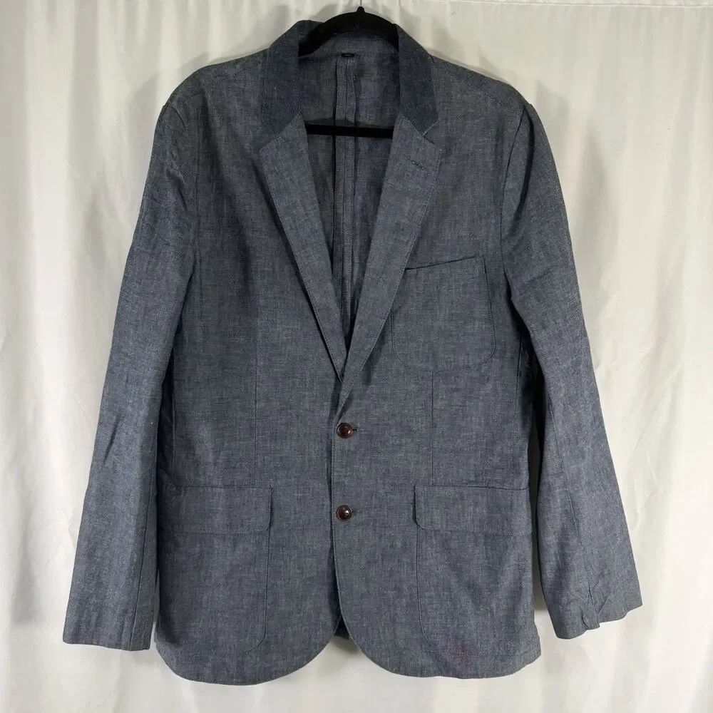 J. Crew Blazer Men's Medium Blue Chambray 2 Button Front Pockets 100% Cotton